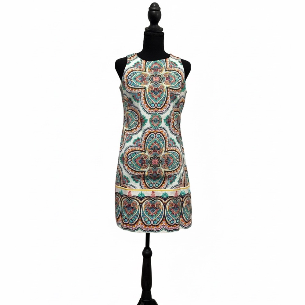 Maggy London White Multicolor Sleeveless Midi Shift Dress